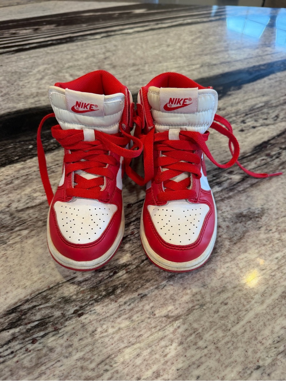 Nike Kids Red and White High-Top Sneakers with Lace-Up Closure 11C